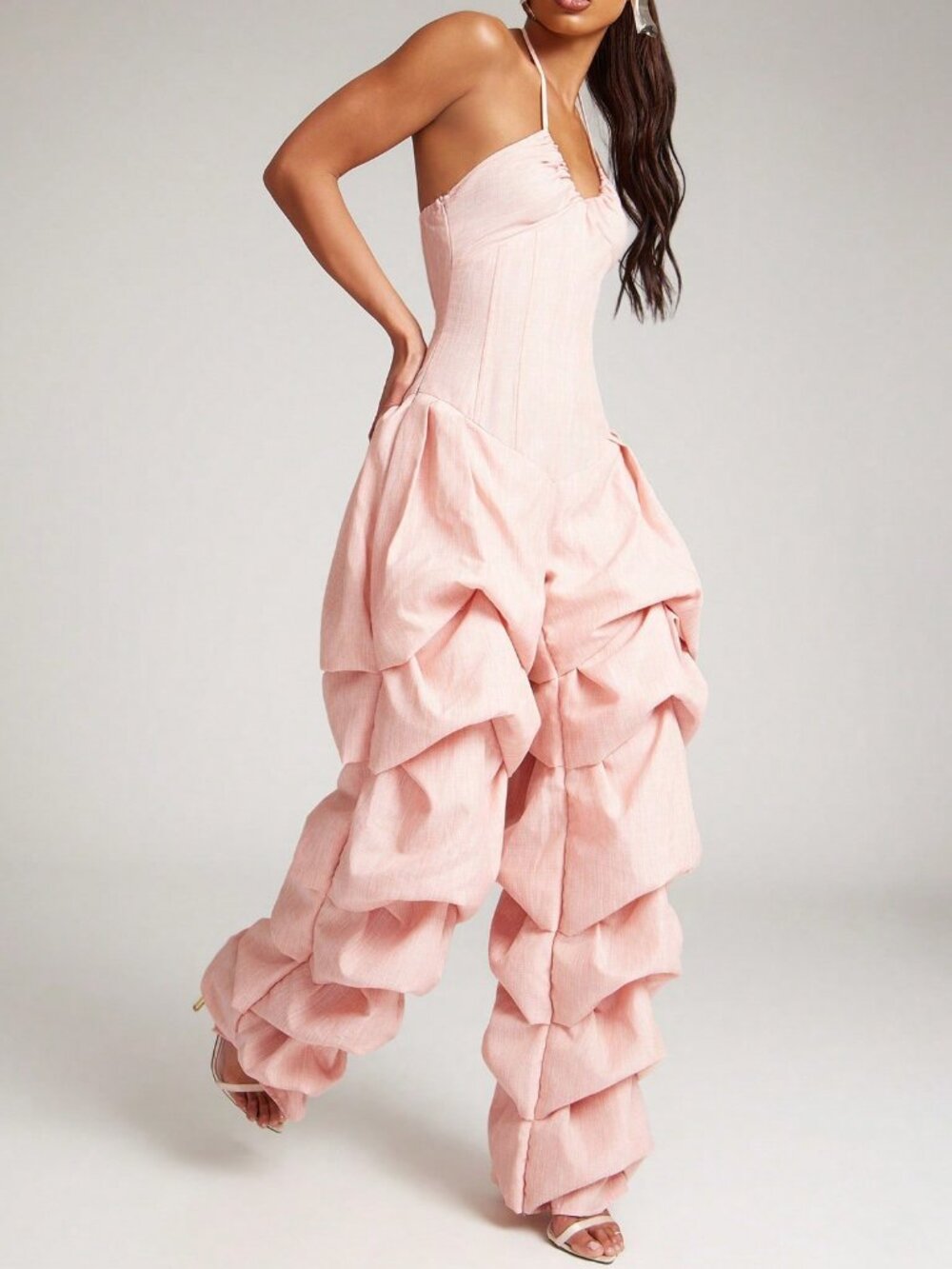 Pink Casual Women's Gathered Leg Corset Detail Halter Neckline Jumpsuit - Picture 5 of 7